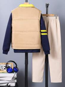 SHEIN Explorewe 2 pièces/Set Style universitaire américain décontracté pour pré-adolescents, ensemble 3 pièces - gilet réversible à rayures, sweat-shirt manches longues imprimé lettres et pantalon en velours côtelé, adapté pour l'automne et l'hiver - Multicolore - Voir 2