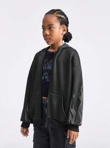 SHEIN Tween Girls' Sequin Panel Zip-Up Hooded Sweatshirt In Black - Black - View 3