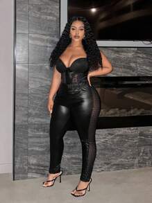 Slaydiva Elegant & Party & Gathering & Concert Black Color Pu Coated Splice Mesh Diamond Pattern Flocked Fabric Long Style Women Plus Size Leggings, Spring Autumn, For Winter - Black - View 4