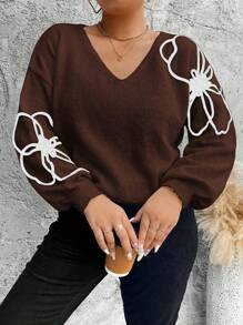 SHEIN Unity Plus Size Women Apricot V-Neck Floral Embroidery Regular Casual Pullover Sweater, Autumn/Winter Knit Pullover Fall Outfit