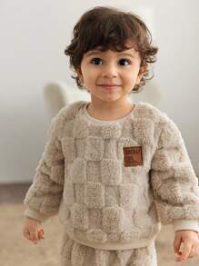 Cozy Pixies 2 件装男婴可爱熊图案双面羊毛圆领插肩运动衫和慢跑裤套装 - 米色 - 查看 3