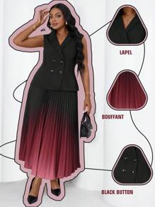 Maweii Plus Size 2Pcs Set : Elegant Solid Color Double-Breasted Vest + Ombre Pleated A-Line Skirt, Autumn