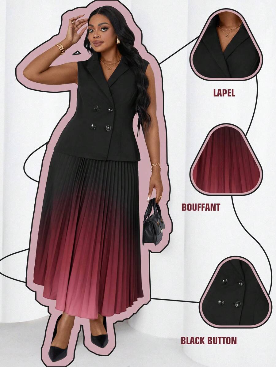 Maweii Plus Size 2Pcs Set : Elegant Solid Color Double-Breasted Vest + Ombre Pleated A-Line Skirt, Autumn