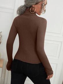 EMERY ROSE Casual Solid Color Turtleneck Fitted Sweater, Autumn & Winter Knit Pullover Fall Outfit - Coffee Brown - View 4