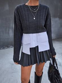 EURMUSE Casual Rib Knit Gola Redonda Manga Longa Bolso Camisa Detalhada Suéter - Cinza - Ver 4
