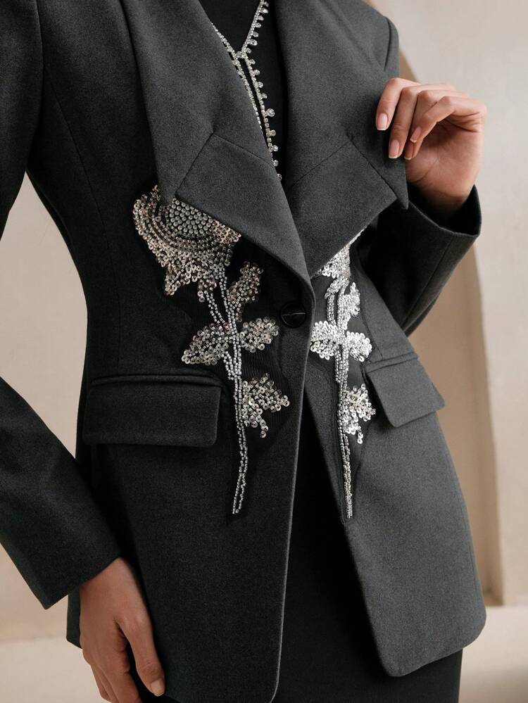 Women's Floral Embellished Beaded Fitted Lapel Blazer