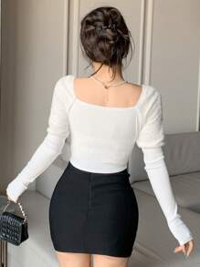 DAZY Áo thun tay phồng chắp vá họa tiết kim cương giả, áo thun đi chơi, quần áo mùa thu, áo thun nữ tay dài, áo crop top nữ - trắng - Xem 5