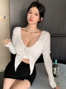 DAZY Áo thun tay phồng chắp vá họa tiết kim cương giả, áo thun đi chơi, quần áo mùa thu, áo thun nữ tay dài, áo crop top nữ - trắng - Xem 7