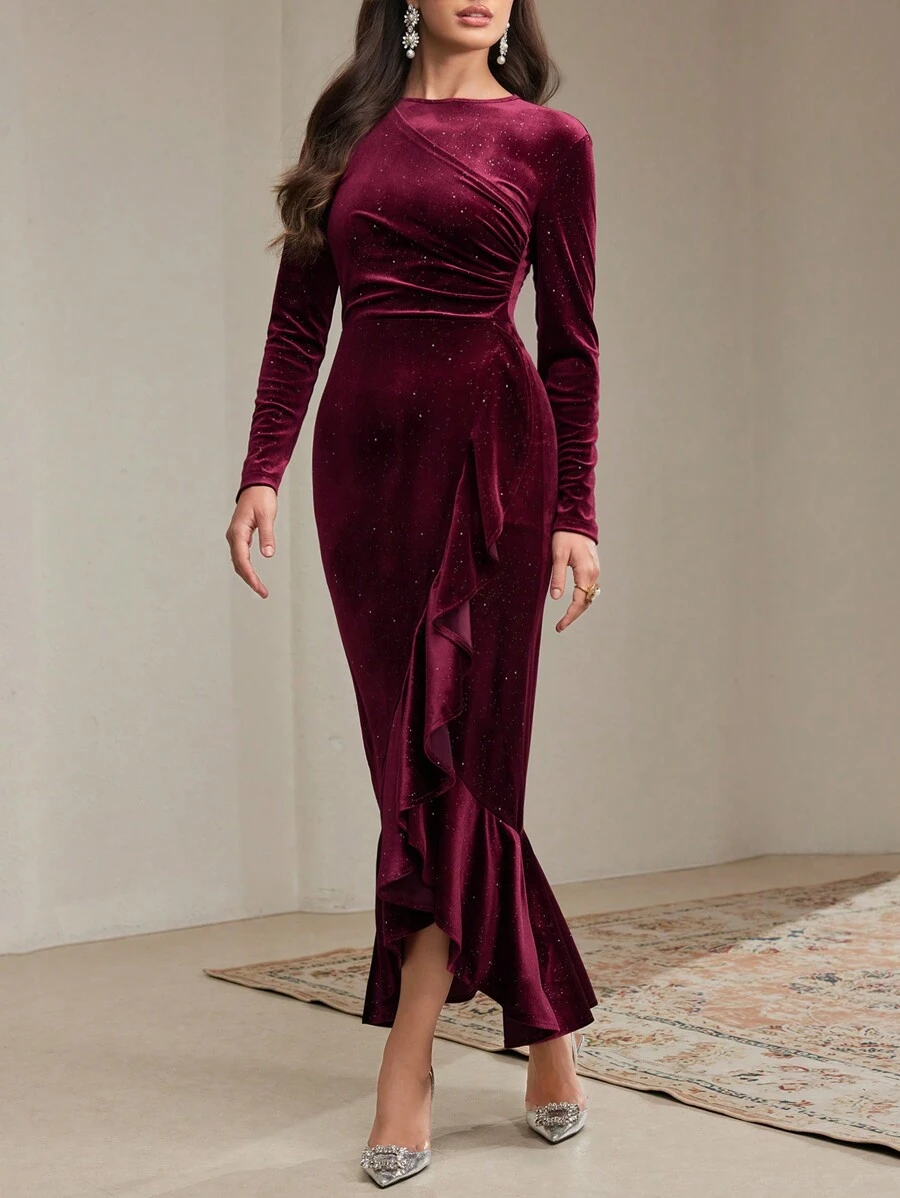 Modelyn Women Elegant Long Dress With Round Neck And Ruffle Trim Detail, Solid Color For Autumn Long Evening Dresses - Burgundy - View 1