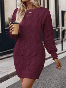 SHEIN Clasi Solid Color Round Neck Twist Cable Knitted Casual Midi Sweater Dress Fall Cloth For Women - Burgundy - View 5
