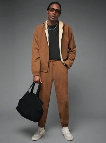Manfinity VCAY 2pcs Men's Relaxed Fit Open Front Cardigan Jacket Set With Thermal Lined, Suitable For Autumn/Winter