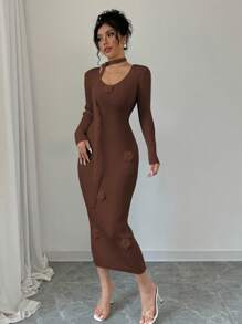 Chiquease 优雅女士长裙，花卉装饰针织连衣裙，秋冬 - 咖啡棕 - 查看 4