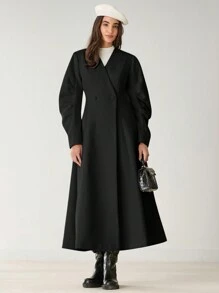 Enchnt New  Winter Products,Women's Solid Color Double-Breasted Elegant Long Sleeve Blend Coat,  Winter Women's Clothing,Warm Clothes,Winter Women Coat,For Christmas Party&Romantic Dinner Dates - Black - View 5