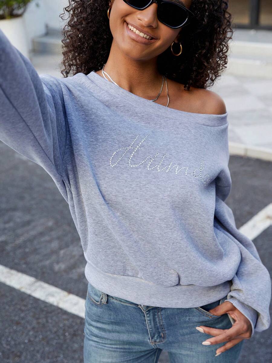 INAWLY Sudadera holgada con estampado de letra asimétrica en el hombro, de estilo minimalista y casual para mujer, para otoño - Gris - Ver 1