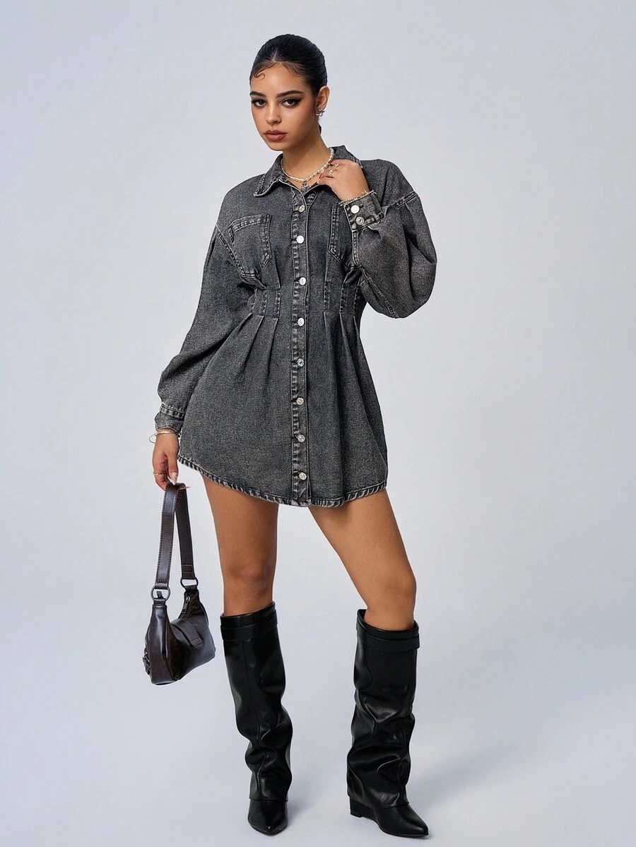 Jeanoix 1 chiếc váy sơ mi dài tay hở vai denim bó sát thanh lịch dành cho nữ - Xám - Xem 1