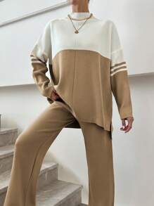 EURMUSE 女款撞色立領寬鬆上衣褲套裝 - 彩色 - 查看 3