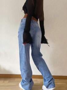 Women's Retro Loose Stacked Straight Denim Pants Casual Spring - Medium Wash - View 3