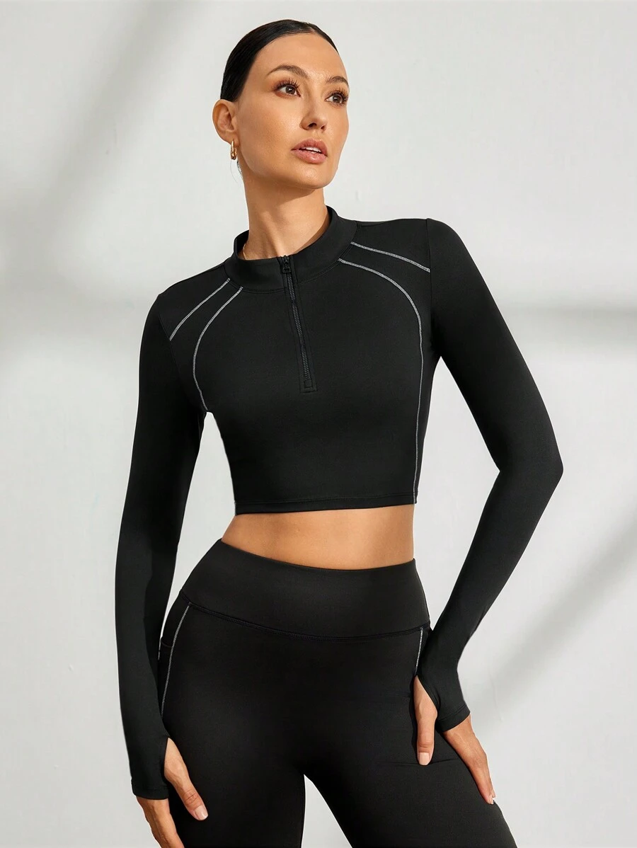 Activina 休闲条纹拉链修身短款运动 T 恤 - 黑色 - 查看 1