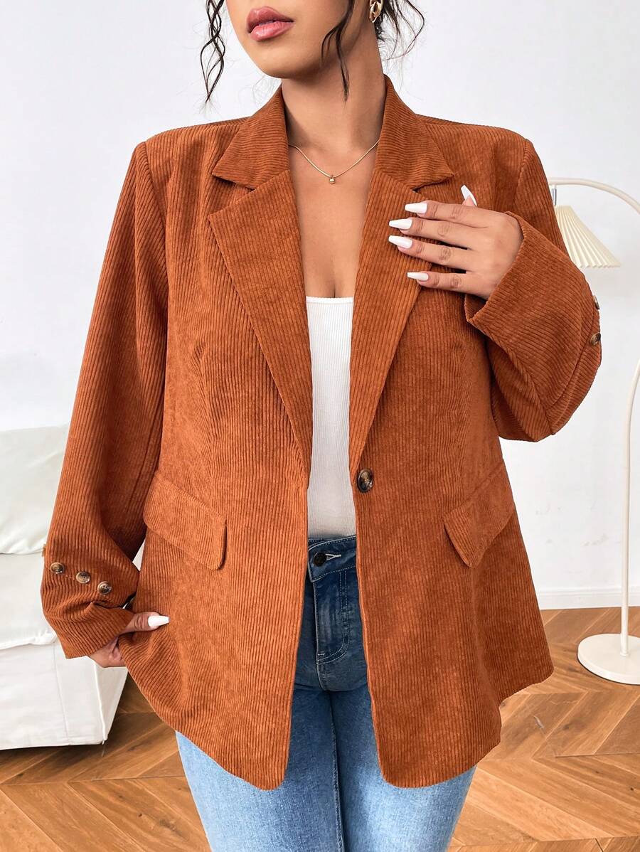 Flirla 秋季大码休闲纯色长袖西装外套 - 摩卡棕 - 查看 1