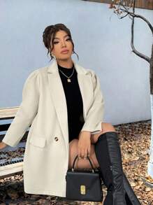 Flirla Plus Size Lapel Gigot Sleeve Overcoat - Khaki - View 4