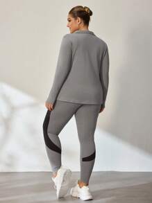 Easithlete Plus Size Color Block Zipper Cardigan I Legginsy Zestaw Sportowy Garnitur, Jesień