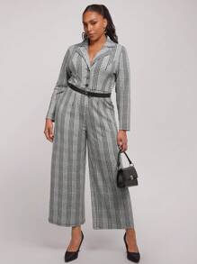 SHEIN Clasi Bộ đồ liền thân dài rộng rãi họa tiết kẻ caro cỡ lớn có túi cho nữ, trang phục công sở tối giản, mùa thu - Nhiều màu - Xem 1