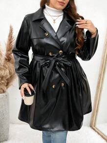 SHEIN LUNE 加大码秋装纽扣长袖腰带宽松时尚个性化风衣女大衣冬季外套秋季女装加大码秋装