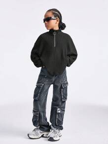 SHEIN Tween 女孩秋冬返校/基本款针织罗纹针织四分之一拉链黑色宽松高领 T 恤 - 黑色 - 查看 6