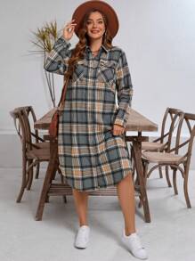 EMERY ROSE 大码休闲格子前排扣衬衫裙，秋季