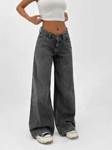 SHEIN Cottnline LOW RISE WIDELEG FIT DARK GREY Y2K STYLE JEAN - Dark Grey - View 3