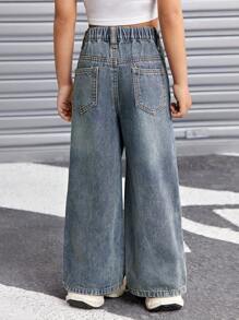 SHEIN Young Girls Loose Wide Leg Denim Blue Jeans,Summer Boho Thin Denim Wide-Leg Pants - Dark Wash - View 2