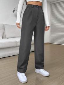 SHEIN EZwear 女式纯色前扣简约风格休闲裤，适合日常穿着 - 灰色 - 查看 5