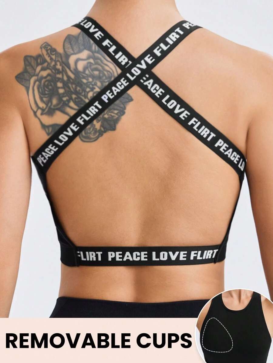 Easithlete Sujetador deportivo sin espalda, sin costuras, con cinta con letras negra - Negro - Ver 1