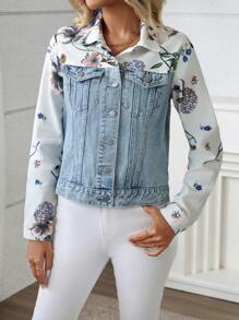 SHEIN LUNE Casual Floral Print Patchwork Denim Jacket, AutumnThermal Thickened Denim