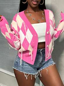 Slaydiva Cárdigan casual de mujer de hombros caídos y holgado con estampado de rombos a cuadros, para otoño/invierno - Multicolor - Ver 3