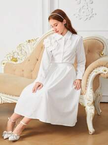 SHEIN Explorewe 青少年女孩 2 件套：优雅象牙色花卉 3D 装饰长袖衬衫 + 中长裙 - 白色 - 查看 3