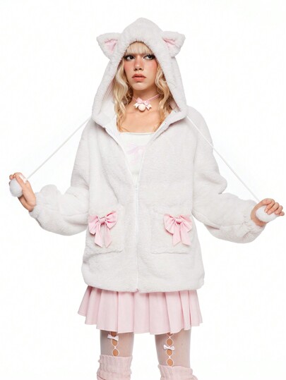 Kawaii Veste femme kawaii aux oreilles de chat, à nœud et à poils