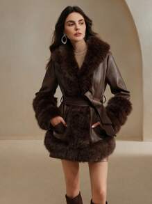 Anewsta New Autumn/Winter Fluffy Jacket With Fox Fur Trim, Women Long Shaggy Fur Coat Minimalist Stylish, - Coffee Brown - View 6