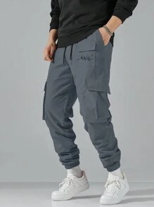 Manfinity Hypemode 男式纯色抽绳腰工装裤 - 深灰色 - 查看 4