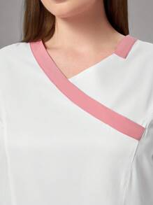 TaskEZ Blusa de uniforme casual tipo bata con mangas largas, bolsillo y bloqueo de color para mujeres