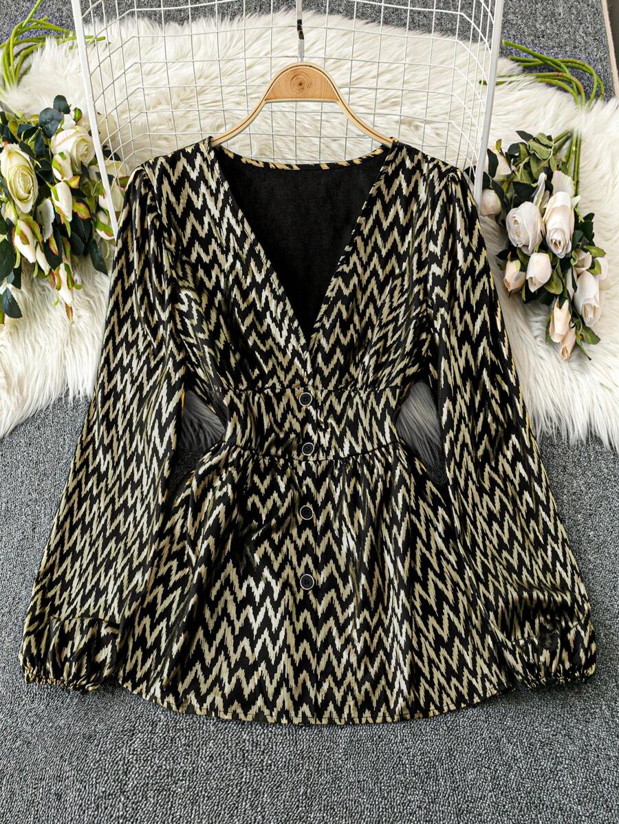 SHEIN LUNE Camisa de Festa Elegante com Gola em V de Manga Longa e Cintura Ajustada, Estampa Metalizada, Uso Casual do Dia a Dia, Plus Size - Multicolorido - Visão 1