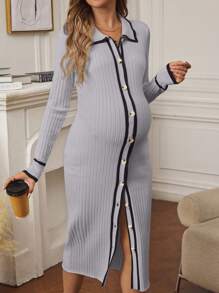 SHEIN Vestido de punto de manga larga con botones delanteros y ribete de contraste para embarazadas, ideal para otoño/invierno