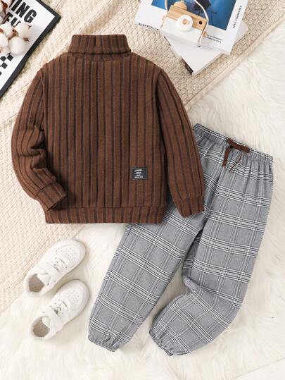 2pcs/Set Young Boys Casual Preppy Comfortable & Fashionable Textured Sweatshirt Top And Plaid Pants, Suitable For First Day Of School, Kids Outfits, Young Boy Clothes, School Back To School, Boys Sets, Boys Outfits, Everyday, School, Travel, Sports, Autumn/Winter
