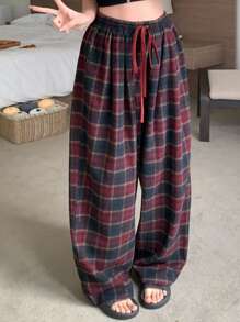 DAZY Women's Christmas Plaid Drawstring Waist Loose Wide Leg Pajama Pants, Fall, Winter - Red - View 8