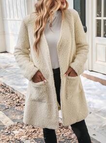 Chiquease Minimalist Solid Color V-Neck Fleece Warm Coat With Dual Pockets For Commuting