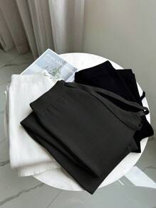 Franclia New Style High Waist Cinched Waist Casual Straight Leg Wide Leg Pants, Thermal Lined Thick Knit Trousers For Women - Black - View 5