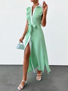 EURMUSE 撞色饰边两侧开衩束带衬衫裙