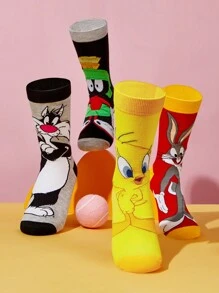 LOONEY TUNES X SHEIN 2 pares de calcetines de mujer de media pantorrilla con diseño asimétrico de bloques de color y estampado de dibujos animados