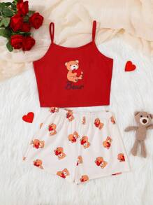 SHEIN Leap Crew 2 件套可爱卡通熊印花吊带背心和短裤睡衣套装，亲肤舒适的休闲家居服，适合少女 - 紅白色 - 查看 1