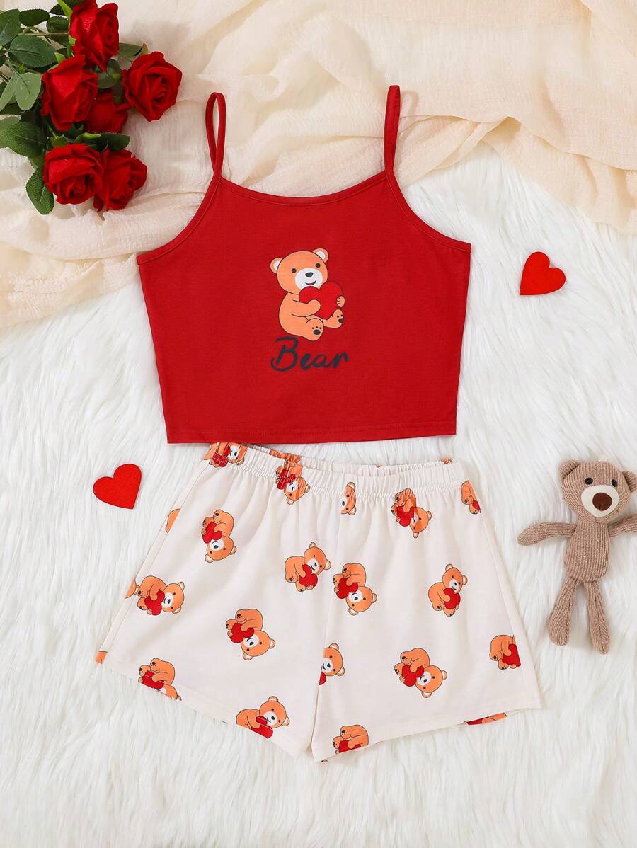 SHEIN Leap Crew 2 件套可爱卡通熊印花吊带背心和短裤睡衣套装，亲肤舒适的休闲家居服，适合少女 - 紅白色 - 查看 1